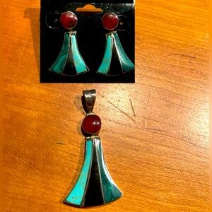 Elegant Turquoise and Red Silver 925 Jewelry Set